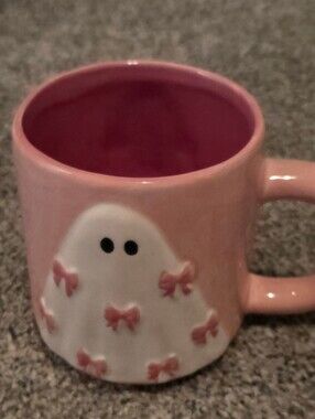 Pink Ghost Ceramic Mug with Bow Accents Halloween Cute Pretty